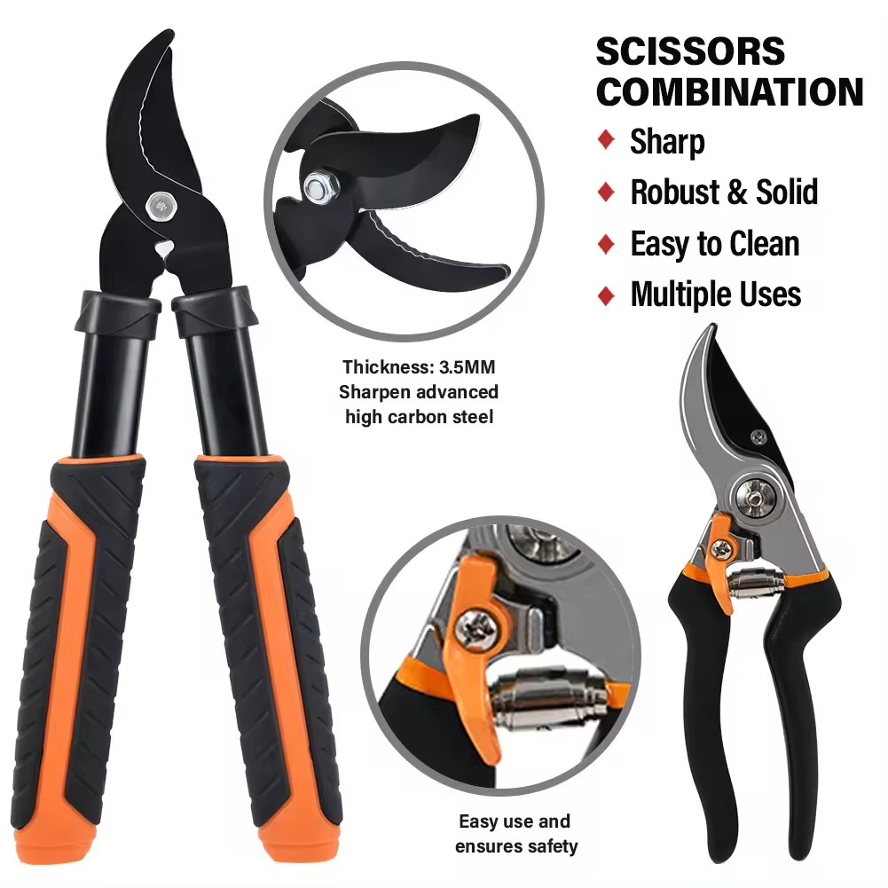 2 Pieces Pruning Shear Gardening Hand Bypass Secateurs Lopper Shear Set